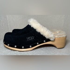 UGG Kalie black suede clogs mules sheepskin wood studded warm cozy winter fall 7